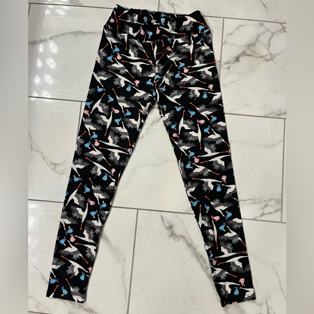 LuLaRoe Black Stork Print Women’s Leggings with Blue and Pink Accents